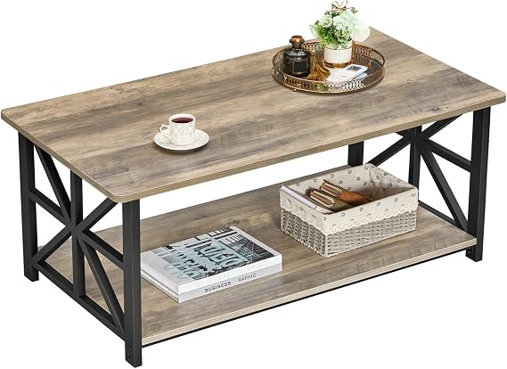 GreenForest 2-Tier Coffee Table, 100cm Round Corner for Small Space, Grey