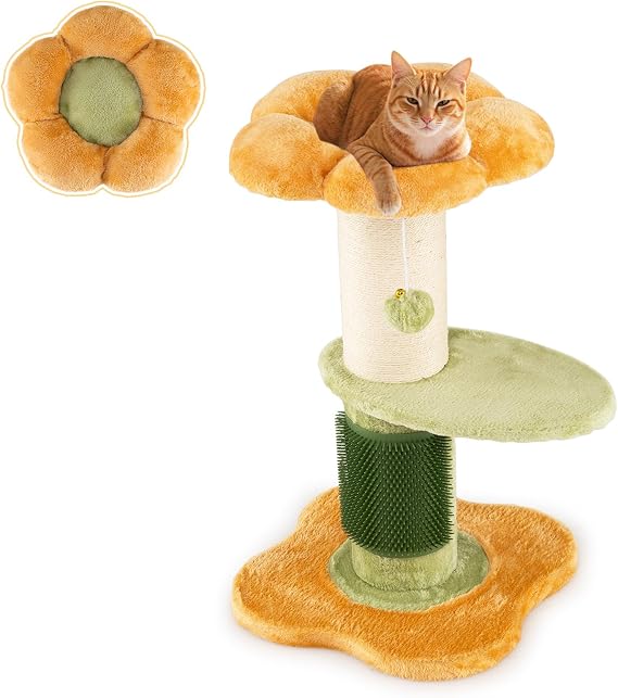 GYMAX Multi-level Cat Tree, Flower Cat Tower with Padded Plush Perch, Sisal Scratching Posts, Self Groomer and Hanging Ball, Modern Cute Pet Furniture for Indoor Cats (Yellow+Green+White)