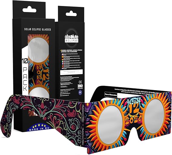 Solar Eclipse Glasses ISO 12312-2 & CE Certified – Safe Solar Viewing for Direct Sun & August 2026 Eclipse | Paper Cardboard Frame, Made in EU | For Kids & Adults