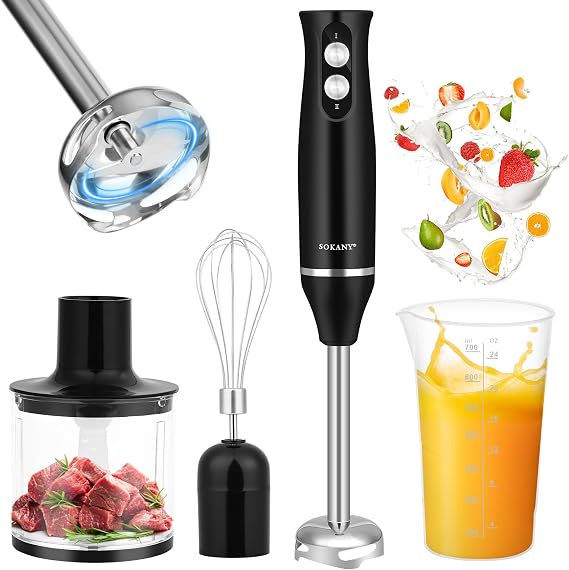 Dreamhigh 4 in 1 Hand Blender, 500 W Electric Arm Blender with 2 Speed, Varinha Magicas Cozinha with Whisk, Chopper 500 ml and Measuring Cup 700 ml – Ideal for Porridge, Soups and Smoothies