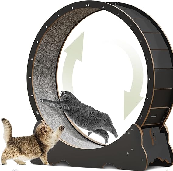 Cat Treadmill, Exercise Wheel for Running, Spinning, Scratching, and Climbing for Indoor Cats, Premium Birch Wood, Eco-Friendly, Moving Fish, Wide Running Track Black-L