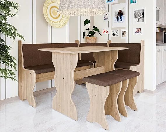 THOMAS Kitchen Corner Set – with Storage, Universal Side (Left Right) L‑Shaped Breakfast Bench + Table & 2 Stools, Self‑Assembly - Oak Sonoma/Brown
