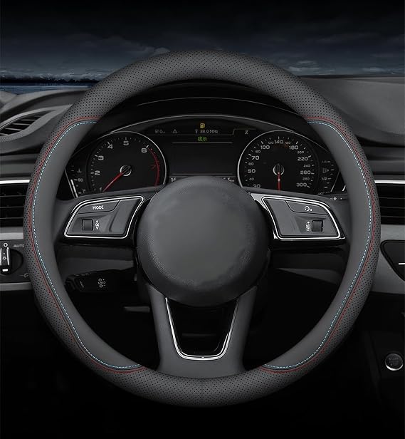 Premium Car Steering Wheel Cover Cover, 37-38 cm Black Universal Microfiber Leather Covers Breathable Anti-Slip Odorless Steering Wheels Accessories for Men Women, Black with Red Stitching