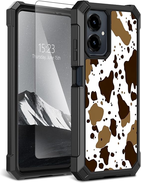for Cricket Icon 2026/AT&T Propel 3 5G Case with Tempered Glass Screen Protector,Dual Layer TPU Soft Silicone Shockproof Protective Cover,Brown Cow Pattern