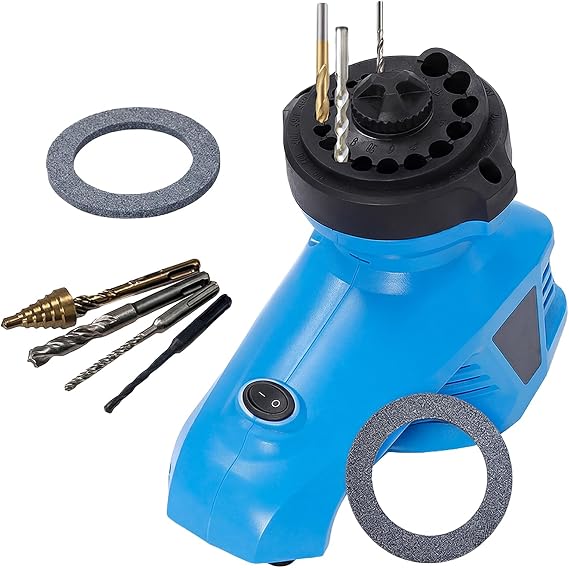 Drill Sharpener for All Rotary Bits (1/8" - 6/32") - 95W Electric Drill Sharpener with 130° Angle, 19 Position Jig Extra Grinding Wheel - Tool