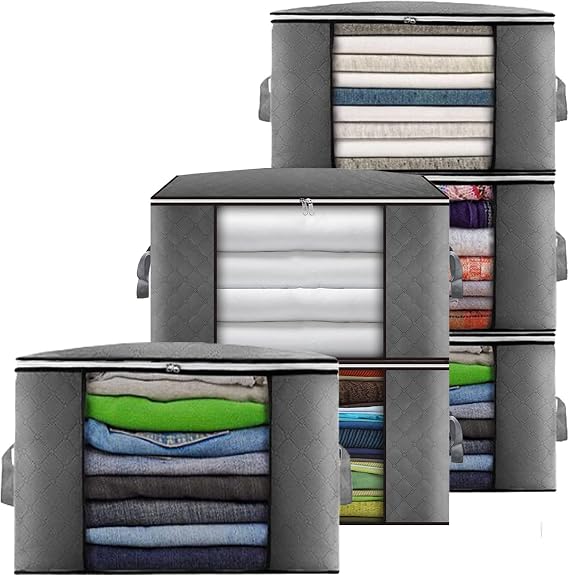 Cleaneaty Clothes Storage Bag 6Pack 90L Large Capacity Solution Organizer for Clothes, Duvets, Comforters, Blankets, Bedding with Zip and Clear Window Reinforced Handle Thick and Breathable Fabric