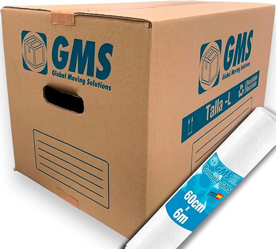 GMS – 10 Cardboard Moving Boxes 50 x 30 x 30 cm Size L 45 Litres + Bubble for Moving and Storage with Handles High Resistance Cardboard (10 Boxes 50 x 30 x 30 cm+Bubble)