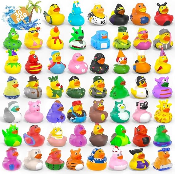 KAHEIGN 30Pcs Rubber Ducks, Random Assortment Ducks Bulk Mini Rubber Duckies Bath Toys with Mesh Carry Bag for Baby Kids Toddler Summer Beach Pool Toys Birthday Gifts Party Favors