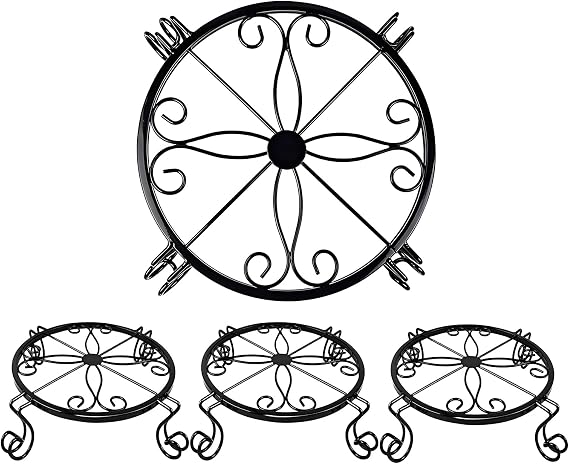 4 Pcs 9” Diameter Metal Outdoor Plant Stand Indoor, Black Heavy Duty Potted Holder, Round Anti-Rust Wrought Iron Flower Planter Pot Display Stands for Home Garden (Black)