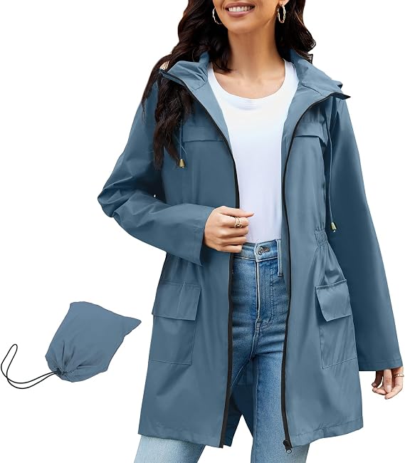 PONCEAU Women Waterproof Jacket - Ladies Lightweight Waterproof Jacket Rain Coats for Women Outdoor Packable Waterproof Jacket with Hood Breathable Functional Windbreaker Raincoat