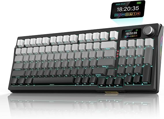 RedThunder K95 US Layout Wireless Mechanical Gaming Keyboard 1.88 Display & Rotary Knob 3 Mode Hot Swap Linear Pink Switch Customizable RGB Software 8000mAh Gradient Gray