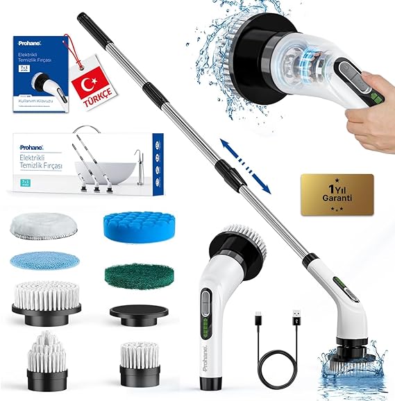 Elektrikli Temizlik Fırçası, Şarjlı Temizlik Fırçası 7 Adet Farklı Başlık ile, Mutfak ve Banyolarda Birçok Temizlik Görevi için, Küvet, Duş, Fayans ve Zemin İçin Temizlik Malzemeleri