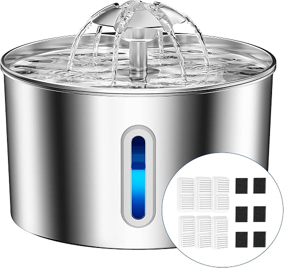 Cat Water Fountain for Drinking - 74oz/2.2L Cat Fountain Stainless Steel Flower Style, Silent Automatic Wired Pet Water Fountain Triple-Filter Water Fountain Cat Bowl 6 Filters 6 Sponges
