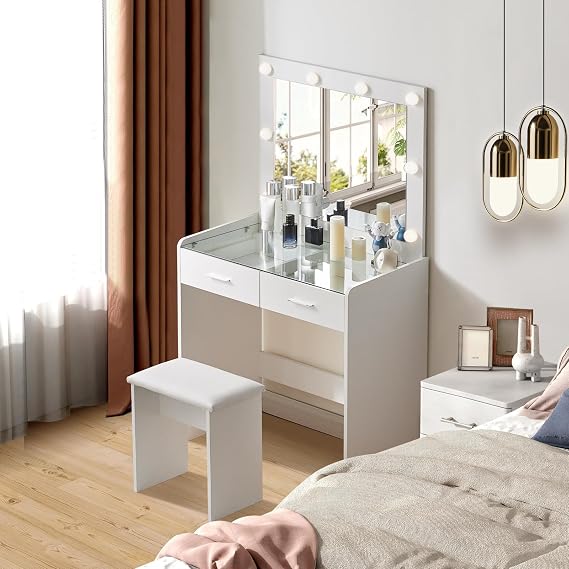 TUKAILAi White Dressing Table with LED Mirror and Stool, Small Vanity Desk