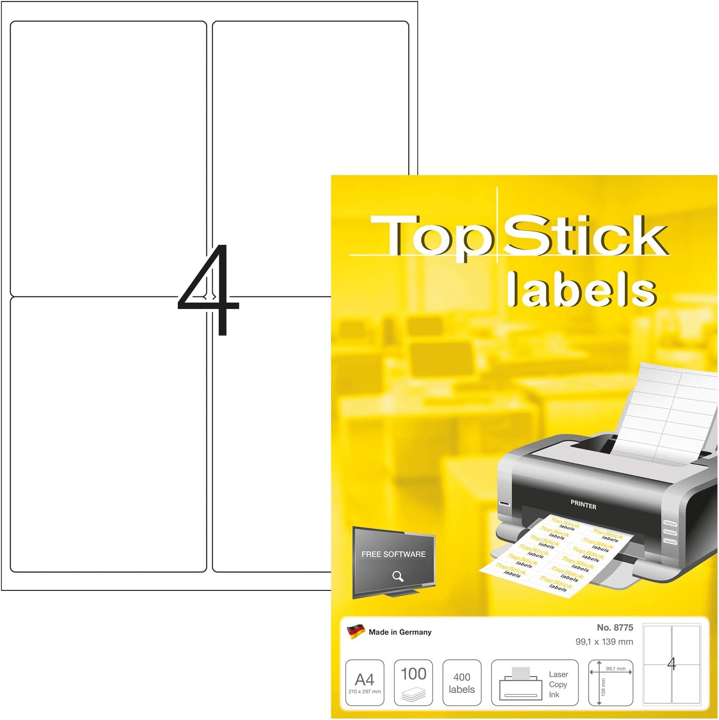 TopStick 8775 Parcel Shipping Paper Labels, 4 Labels Per A4 Sheet, 99.1 x 139 mm, 400 Labels, Self Adhesive, Stickers for Laser and Inkjet Printers, White