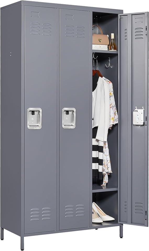 IKIMI 3 Door Metal Locker, 72in Tall Steel Employee Locker with Shelves & Hooks, Storage Cabinet for Office, Gym, School & Home,Assembly Required