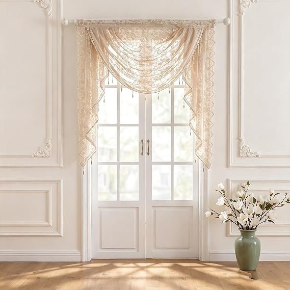 Lace Waterfall Window Valance,Flowers Embroidered Swag Lace Sheer Curtain