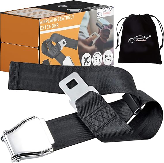 Xtremeauto Airplane Seat Belt Extender - Plane Seatbelt Extension, 6-32 Inch Adjustable Airplane Seat Extender Belts, E11 Safety Certified Aeroplane Essentials, With Velvet Carry Bag