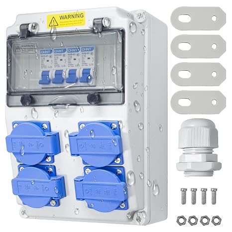 230 V Electrical Construction Panel with 4 Schuko Sockets – Wall Box, IP65 16 A with 4 Magnetothermal Switches C16, for Workshop Workshop Garage and Protected Outdoor