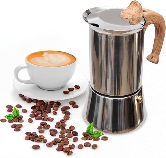Induction Moka Pot, Stainless Steel, Stovetop Espresso Coffee Maker, 4 Cup/200ml/7.0oz, Easy to Use and Clean, Camping Home Use | for Mocha Cappuccinos, Lattes