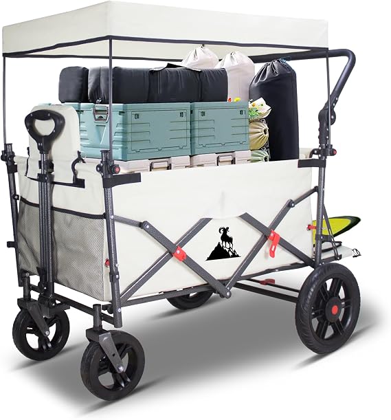 Folding Wagon with 2 Foldable Seats, 265LB Capacity Portable Camping Cart - Collapsible Trolley with Quick-Release Wheels, Adjustable Handle, Foldable Pull-Along Wagon for Outdoor (Beige)