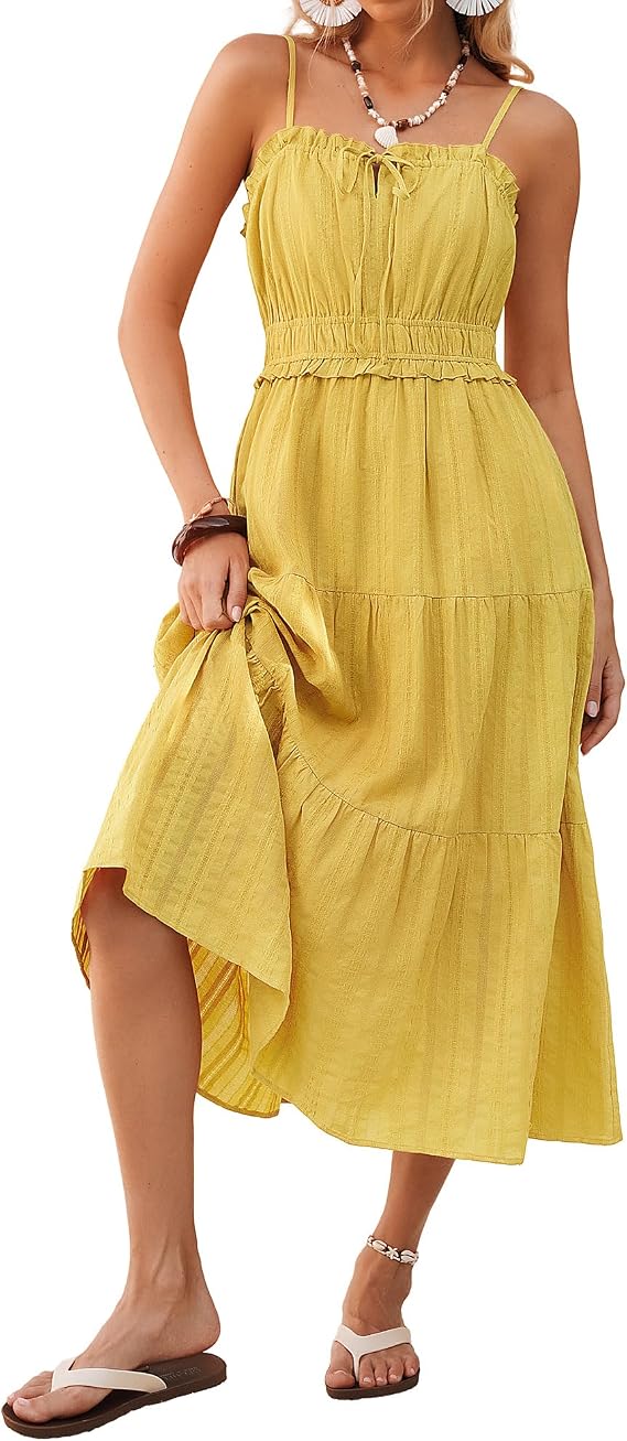 Kate Kasin Women's Summer Sleeveless Spaghettii A Line Dress Square Collar Maxi Sundress Boho Cotton Dress with Pockets for Beach Vacation