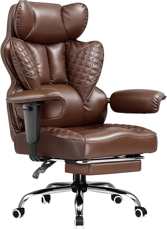 COMHOMA Big and Tall Office Chair Heavy Duty Executive Desk Chair with Footrest, Ergonomic High Back PU Leather Swivel Reclining Computer Chairs for Home Brown