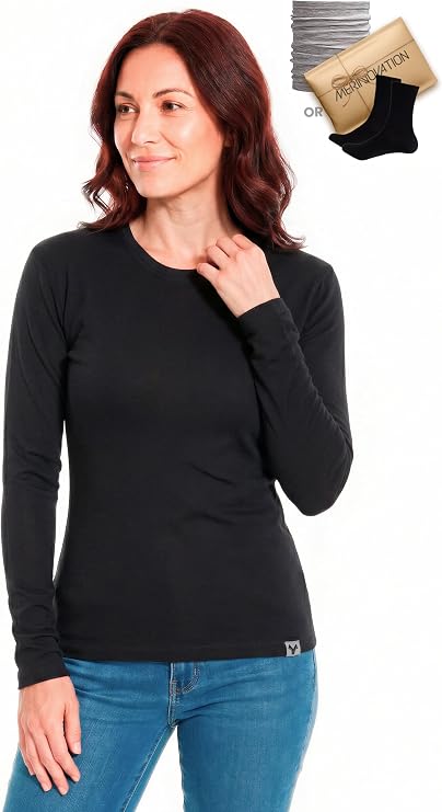MERINNOVATION Merino Wool Base Layer for Women - Long Sleeve Wool V-Neck - Crew Neck - Turtle Neck - Half Zip Women's Shirt