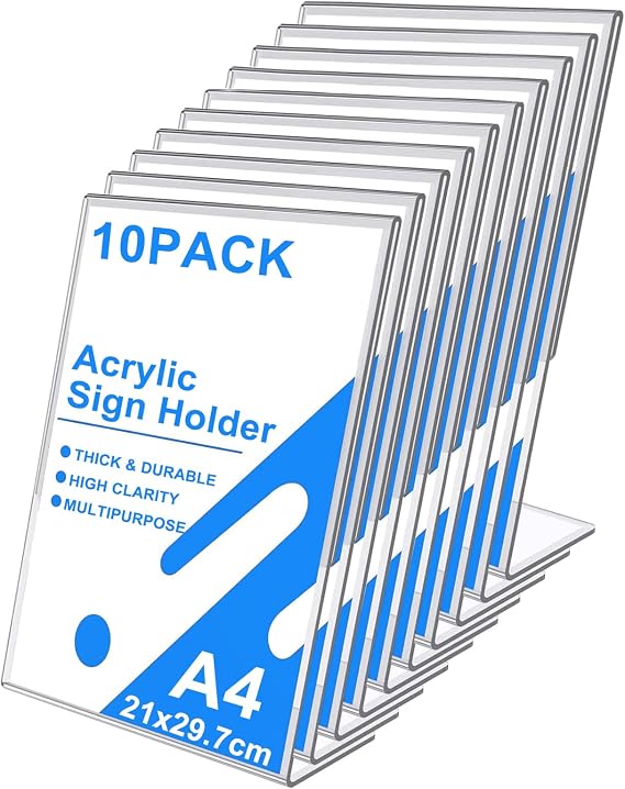 10PCS A4 Acrylic Sign Holder, L-Shape Perspex Display Stands, Clear Plastic Sign Holder, Poster Menu Holder for Wedding Table Numbers, Restaurant, Office
