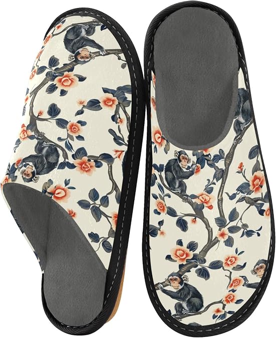 Mnsruu Men's Slipper Monkey Warm Fuzzy House Slippers for Women Non-slip Indoor/Outdoor Soles