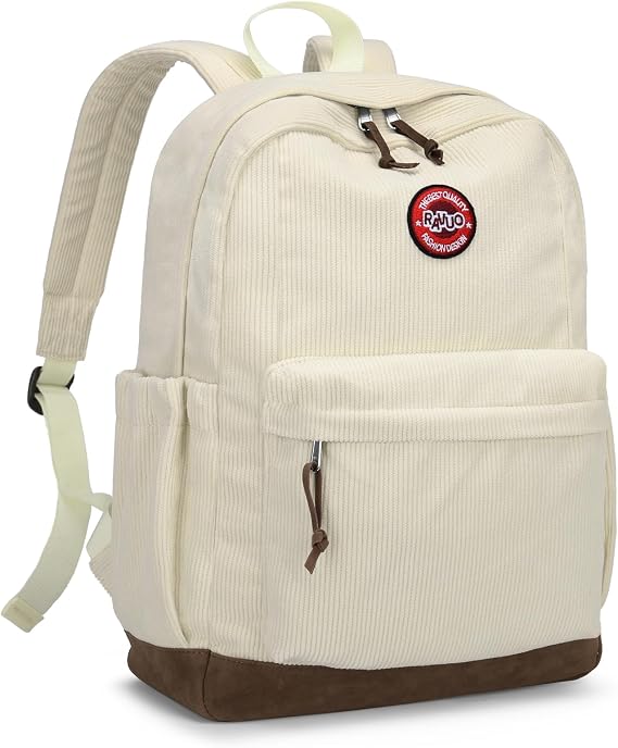 RAVUO Corduroy Backpack For Women, Lightweight School Bag For Teen Girls Boys Casual College Rucksack Daypack Beige