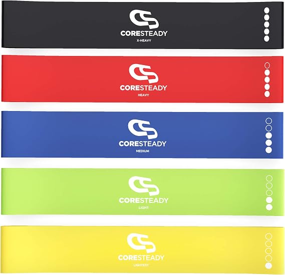 Coresteady Resistance Bands Set of 5 - Mini Fitness & Loop Exercise Band for Men & Women - Yoga, Body & Gym Sport Resistance Loop Bands for Strength, Muscle & Tone - With E-Guide & Travel Bag