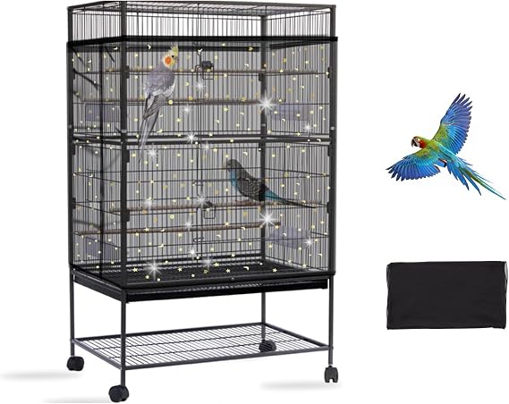 Bird Cage Cover, Adjustable Mesh Bird Cage Seed Catcher to Prevent Seed Scatter & Mess, Soft Airy Large Bird Cage Cover for Parrot, Parakeet & Macaw Cages, Fits Round & Square, Black