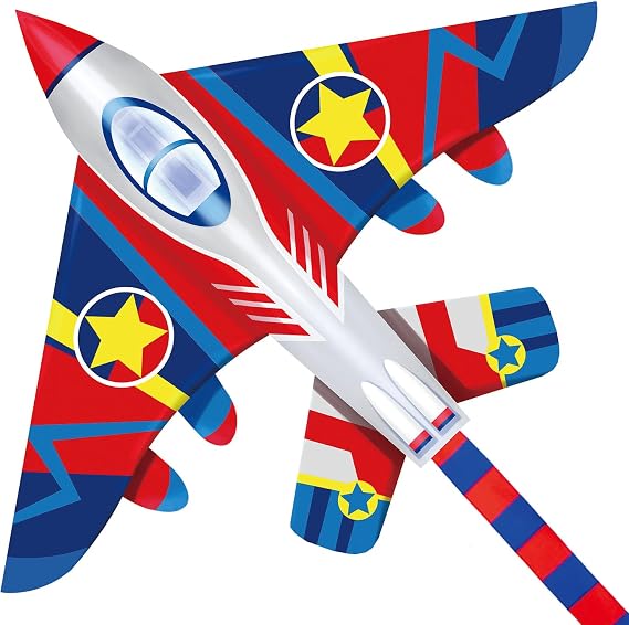 HUGE Fighter Plane Kite for Kids and Adults- 58"Wide with long tail- Easy Flyer - Kit Line and Swivel Included- Good for beach kite for children