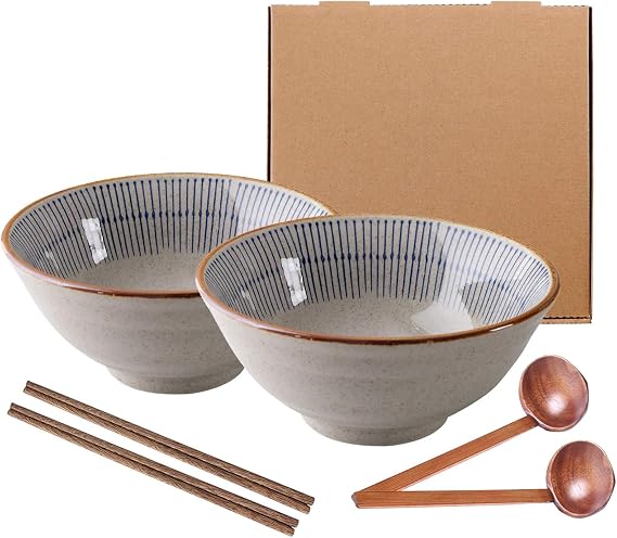 Japanese Ceramic Ramen Bowl Set, Gray with Blue Stripes,Large Capacity, 2 Bowls with Wooden Spoons and Chopsticks, for Noodles, Soup, Salad (Grey And Brown, 7.7 x 7.7 x 3.7 inch)