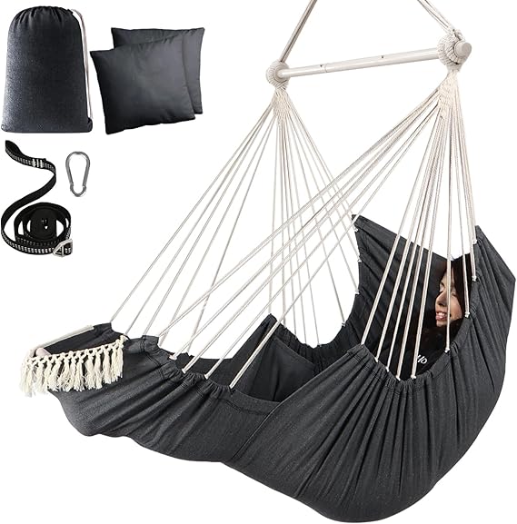 Chihee Hammock Chair Hanging Chair with Foot Rest 2 Cushions Max 550lbs Robust Metal Spreader Bar Collapsible Easy Storage Soft Cotton Swing Chair Strong Strap Iron Carabiner Side Pocket Included