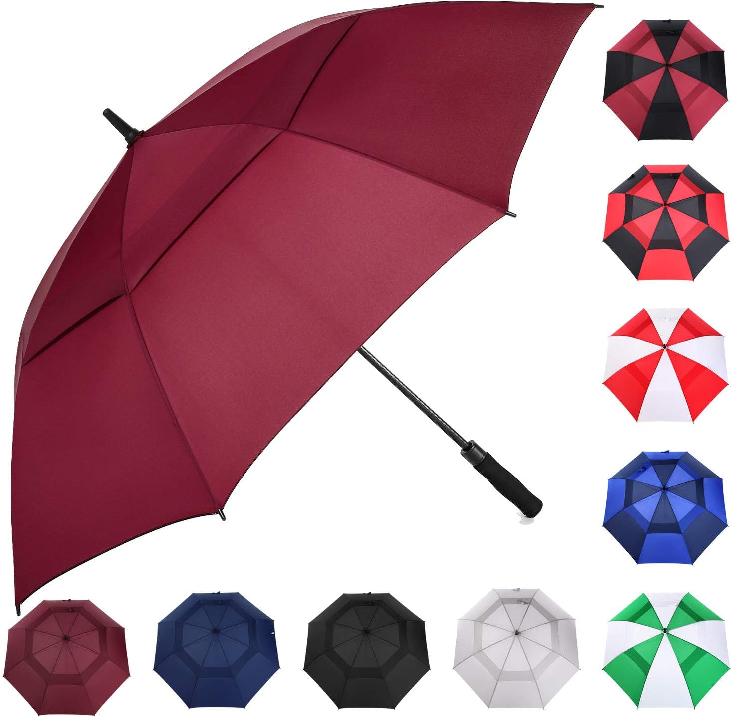MRTLLOA Automatic Open Golf Umbrella, Extra-Large Oversized Double Canopy Vented Windproof Waterproof Stick Rain Golf Umbrellas for Men and Women Burgundy62 inch