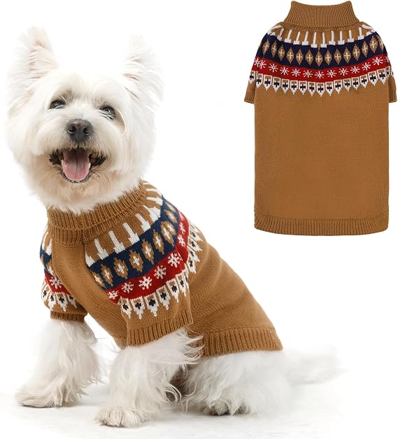 EXPAWLORER Turtleneck Dog Jumper - Knitted Dog Clothes in Classic Fair Isle Patterns, Warm Comfortable Puppy Jumper Pet Sweater with Sleeves, Winter Pet Outfit Pullover for Dogs Cats, Beige S-M