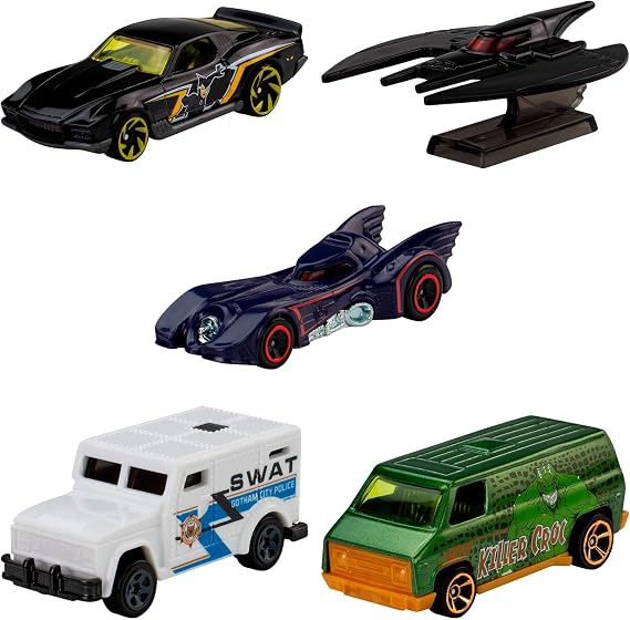 Hot Wheels 5'li Batman araç paketi, Batmobile, Batplane ve zırhlı kamyon gibi 5 adet 1:64 ölçekli metal oyuncak araba, JLN10