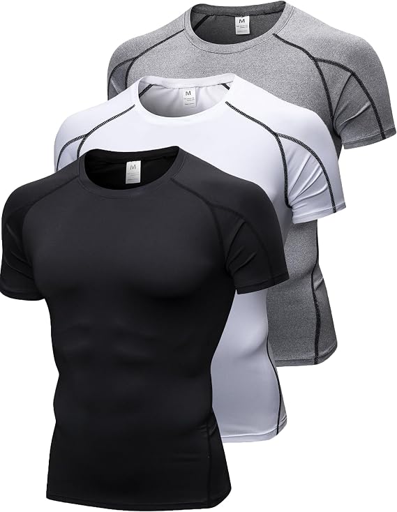 3 Pack Men's Compression Shirts Short Sleeve Workout T-Shirt Cool Dry Undershirts Baselayer Sport Cool Shirt Running Tops