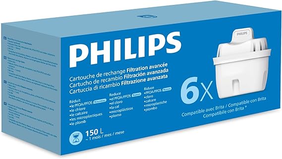 Philips Water Replacement Water Filter Cartridges Advanced Filtration, Pack of 6 Filters, Reduces MICROPLASTIC, CHLORINE, CAL, HEAVY METALS, BRITA Compatible*