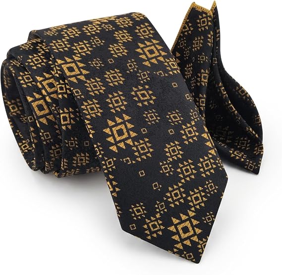 Motif Desenli Siyah Gold Kravat & Mendil