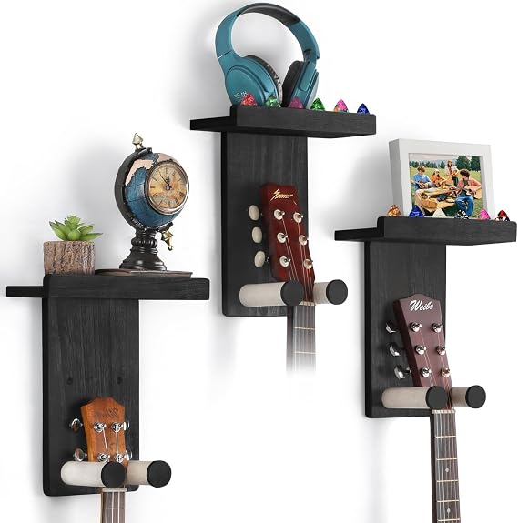 3Pack Guitar Wall Mount with Shelf, Wooden Guitar Holder