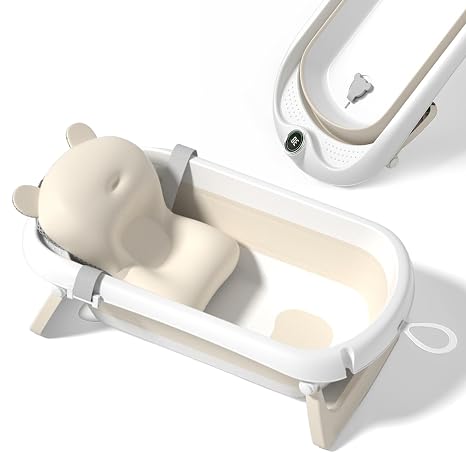 Foldable Baby Bath with Non-Slip Bath Pillow XXL Baby Bath Seat and Bath Thermometer From Birth to 3 Years Baby Bathtub Birth Gifts for Girls and Boys