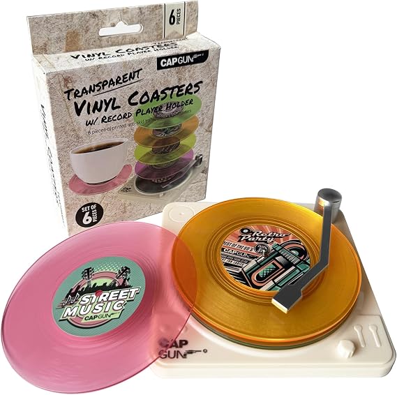 Funny Retro Record Coasters for Drinks with Vinyl Player Holder,Novelty 6 Pieces Vinyl Disk Coasters for Drinks,Bars,Party,Birthday Gifts for Music Lovers,Home Decor and White Elephant IdeasGifts