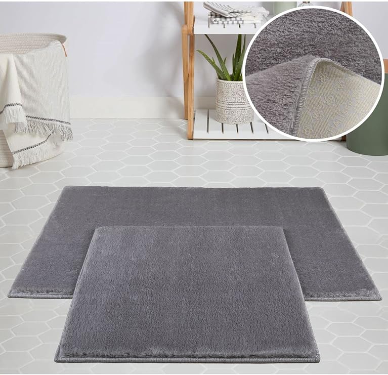 My Evilla Modern Dekoratif Halı Jel Kaymaz Taban Peluş Açık Gri Paspas Takımı 60x100