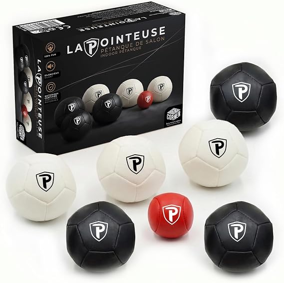 LA POINTEUSE – Indoor Petanque Game – 6 Balls, 1 Jack, 1 Carry Bag – New Version with Reinforced Stitching – For Kids and Adults – Original Corner