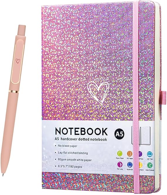Glitter Laser A5 Notebook with Pen, Lined Journal A5 Notepad for Girls Women,Cute Bling Diary with Heart-Shaped College Ruled Hardcover Notebook for Work School, Note Taking, Business (Pink)