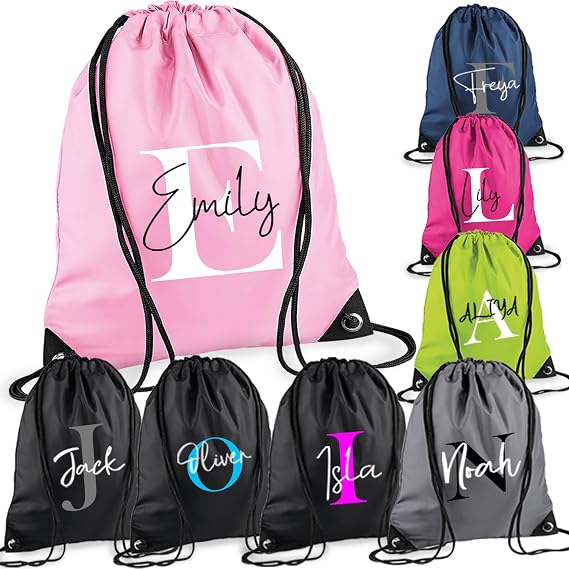 Personalised Drawstring Bag with Name & Initial | Kids PE Kit Gym Swim Bag | Custom School Sports Bag for Boys & Girls | Waterproof Fabric Lightweight Gymsac | 11L