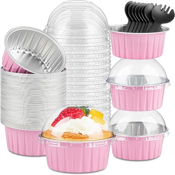 KAHEIGN 50 Pieces Mini Bread Molds with Lids and Spoons, 150 ml Round Aluminium Paper Containers for Baking Cakes with Sealing Sticker for Wedding Birthday Picnic Party (Pink Silver)